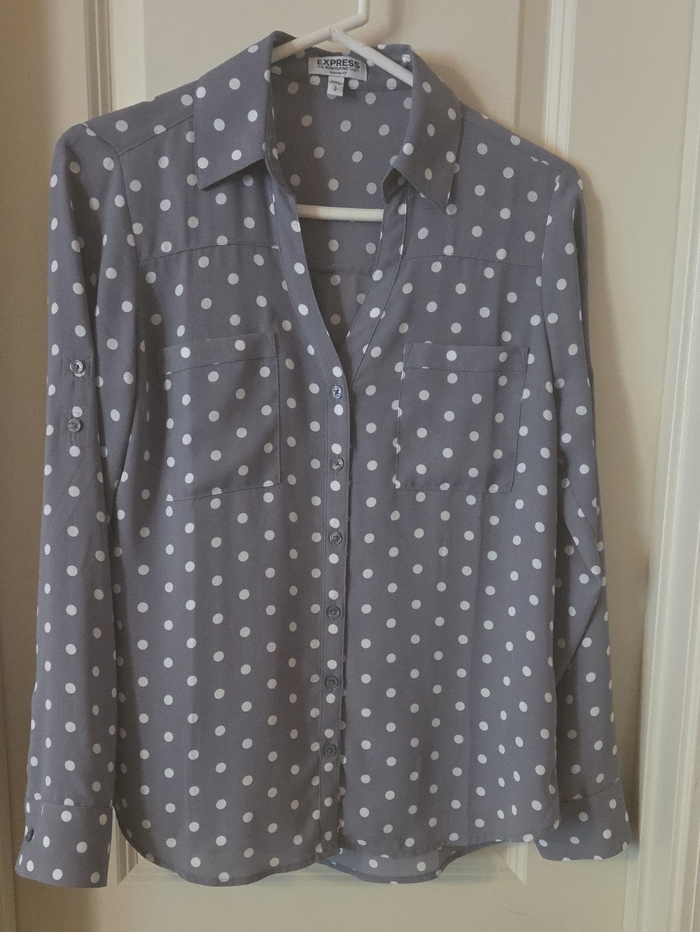 Express Light Gray Polka Dot Button-Down Blouse